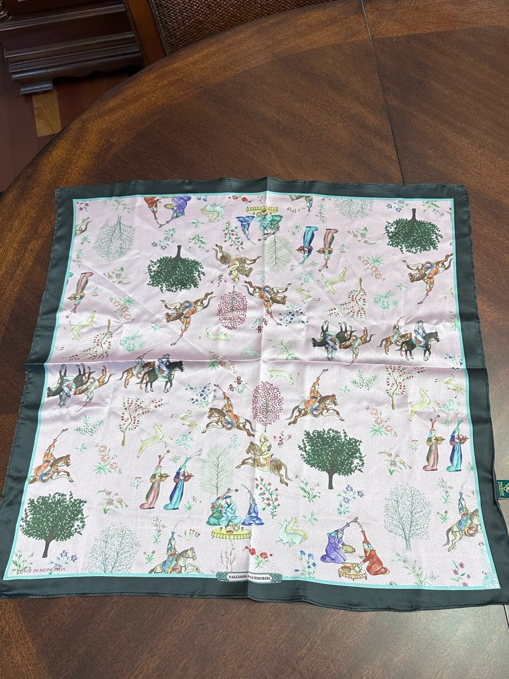 NWT Pink 100% Silk Mongolian Equestrian Horses Botanical Trees Animals Scarf